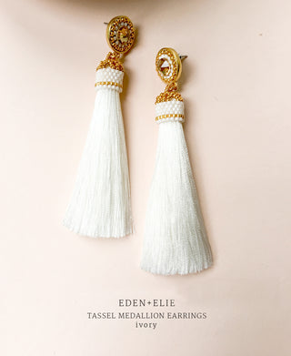 EDEN + ELIE silk tassel statement earrings - ivory
