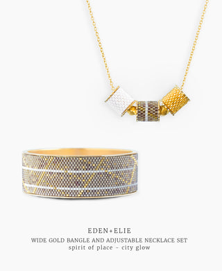 Wide Gold Bangle + Adjustable Length Necklace Set - Spirit of Place City Glow