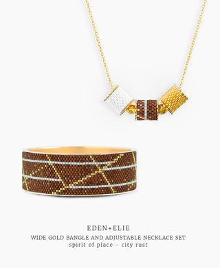 Wide Gold Bangle + Adjustable Length Necklace Set - Spirit of Place City Rust