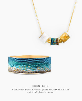 Wide Gold Bangle + Adjustable Length Necklace Set - Spirit of Place Ocean