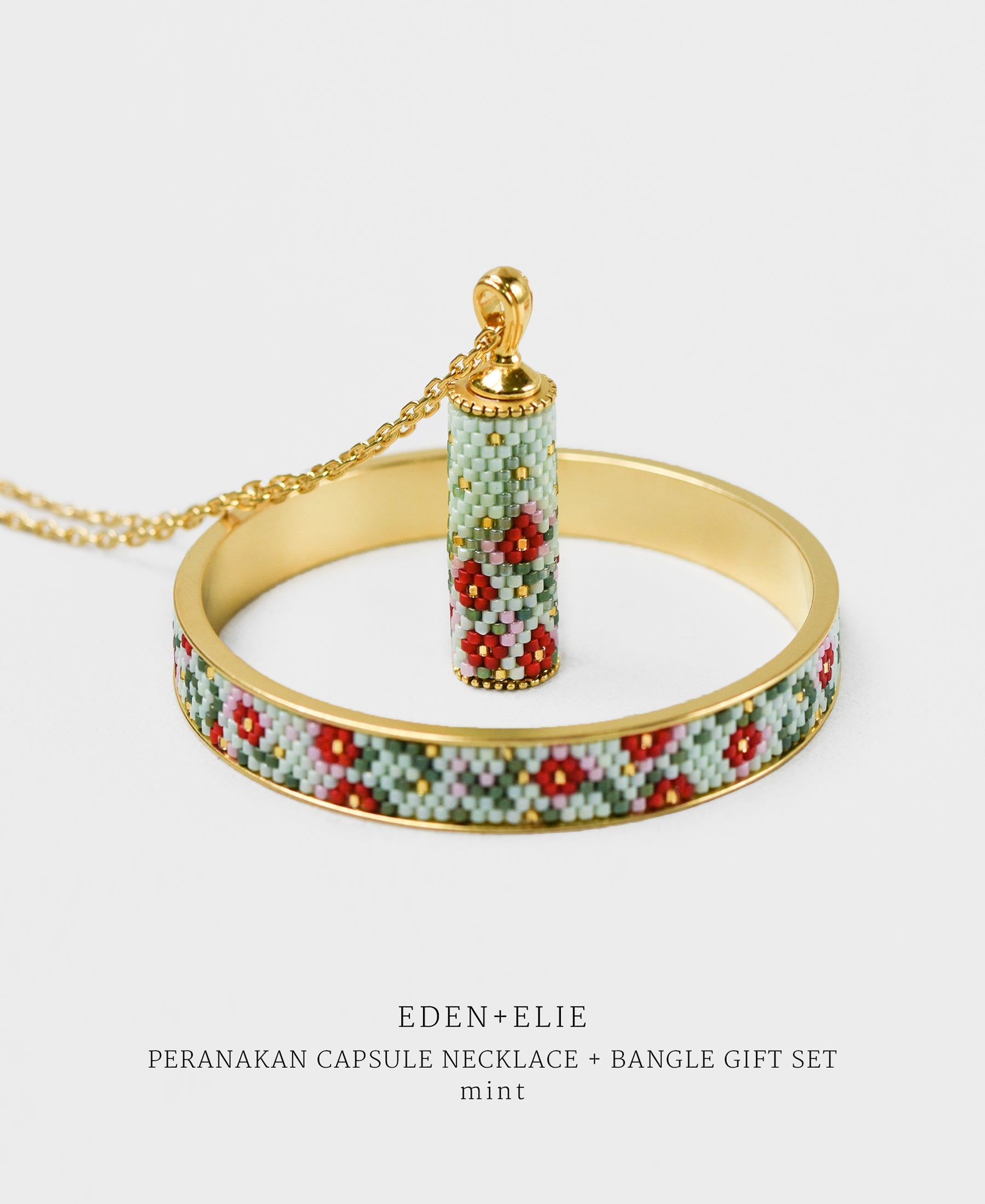 EDEN + ELIE Modern Peranakan capsule pendant necklace + bangle gift set - mint