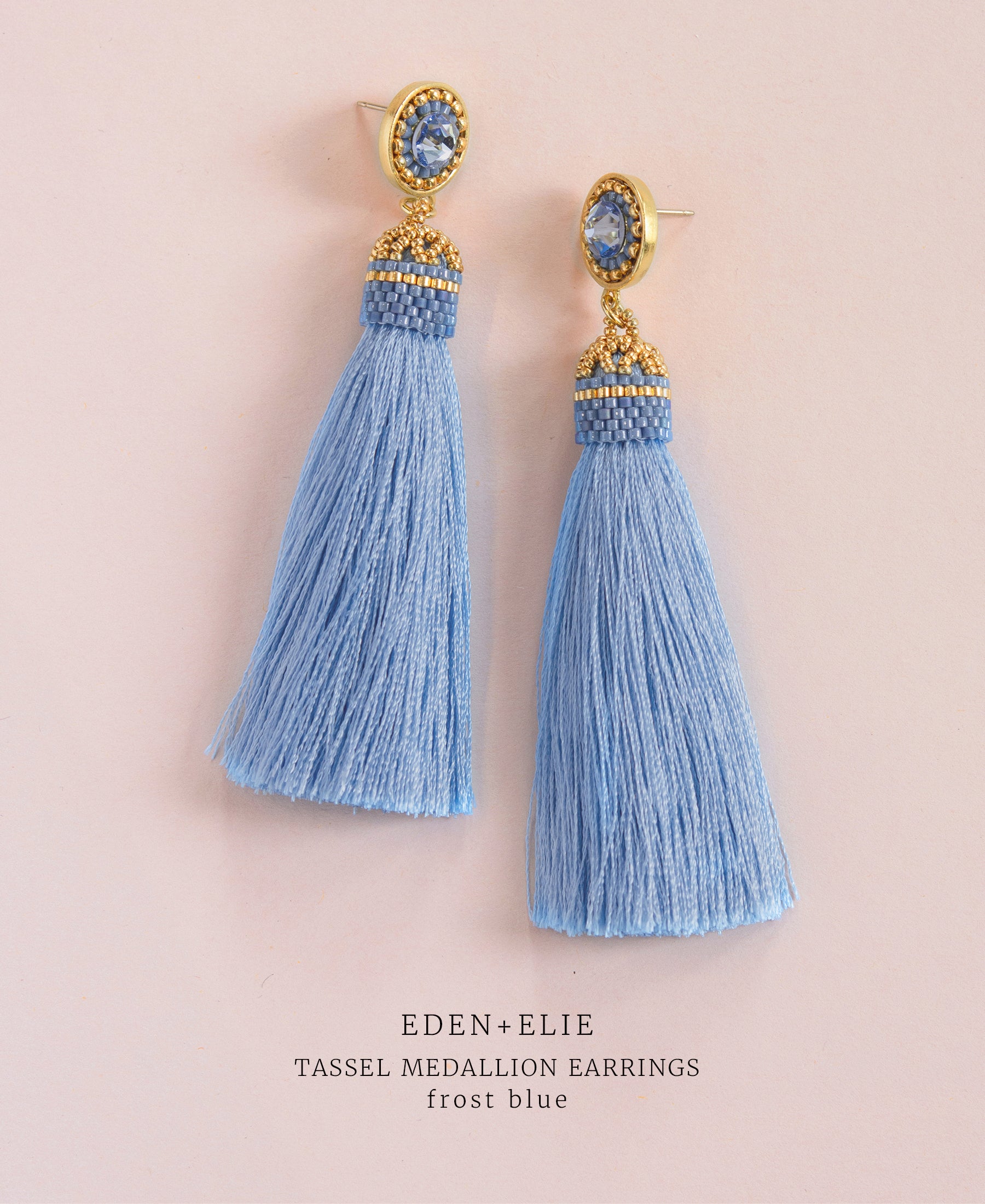 EDEN + ELIE silk tassel statement earrings - frost blue
